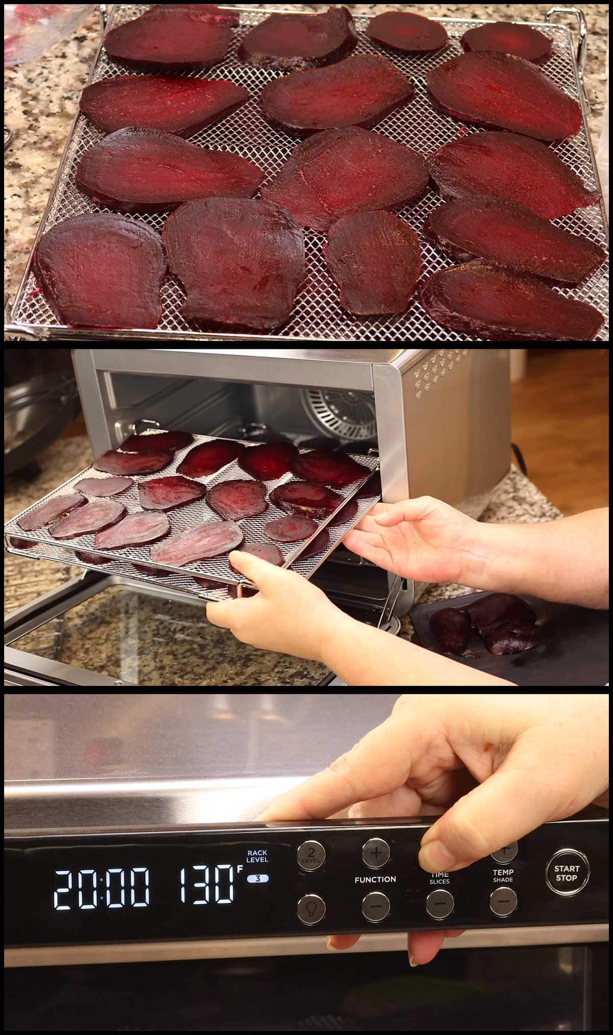 placing beet slices on trays and into the dehydrator