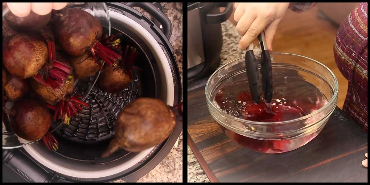 pressure cooking and putting beets in water.