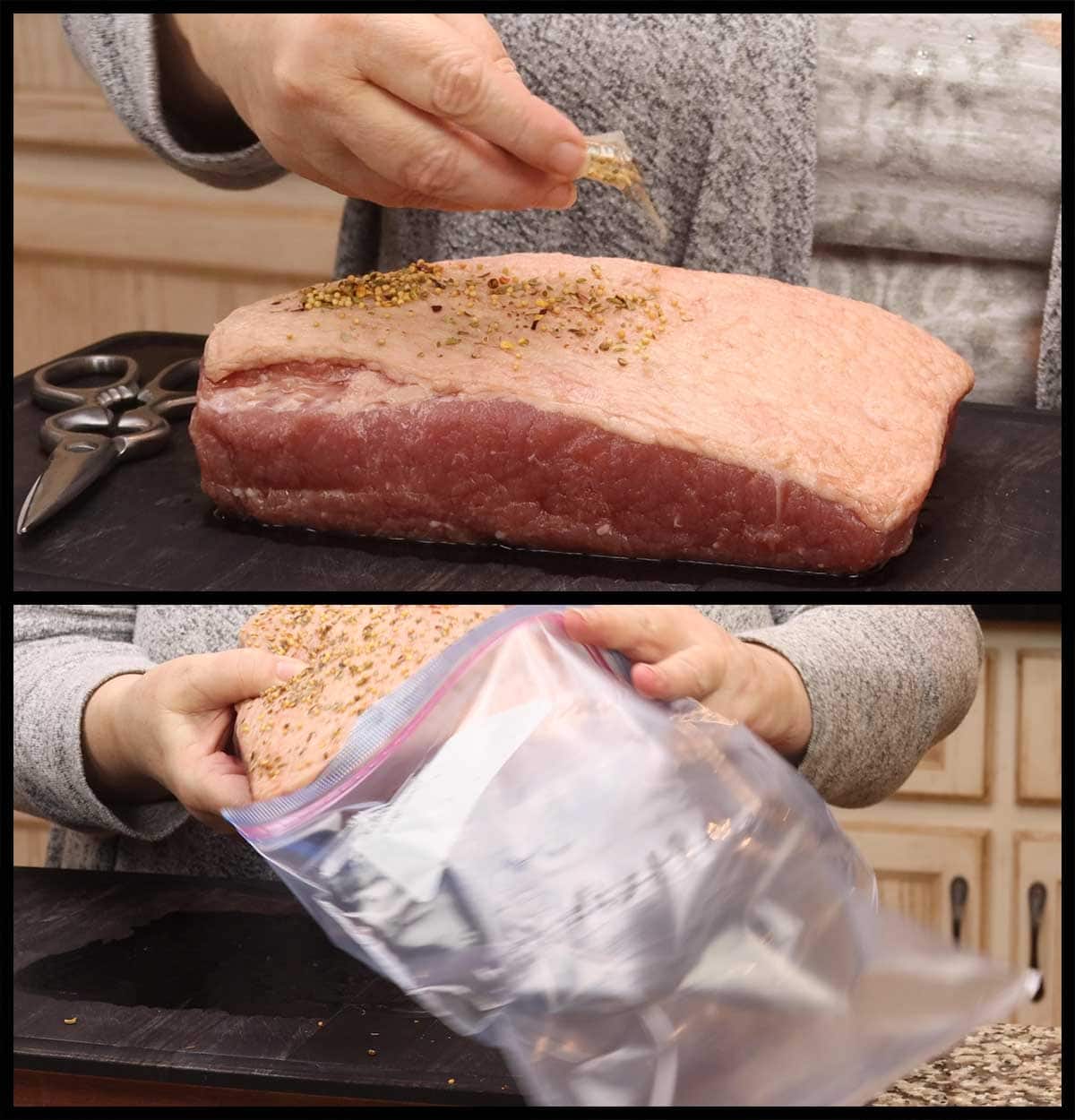 seasoning the corned beef with spice packet and placing it into a ziplock bag.
