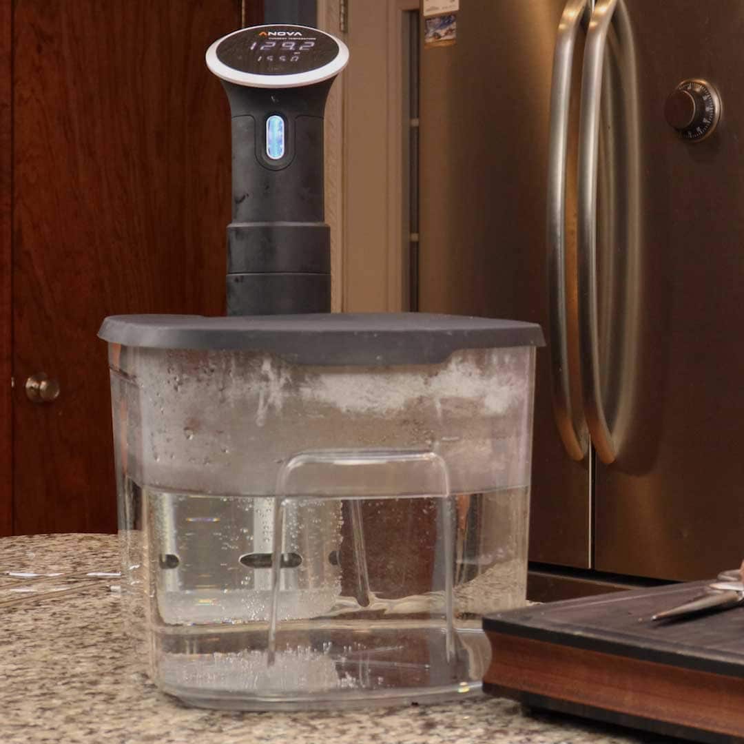 sous vide circulator in a plastic bin with water.