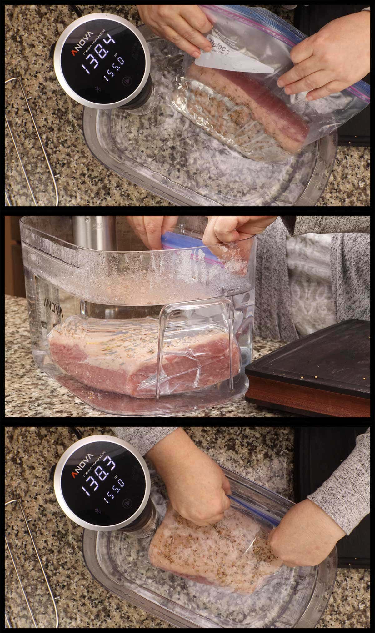 images showing water displacement technique for sous vide cooking.