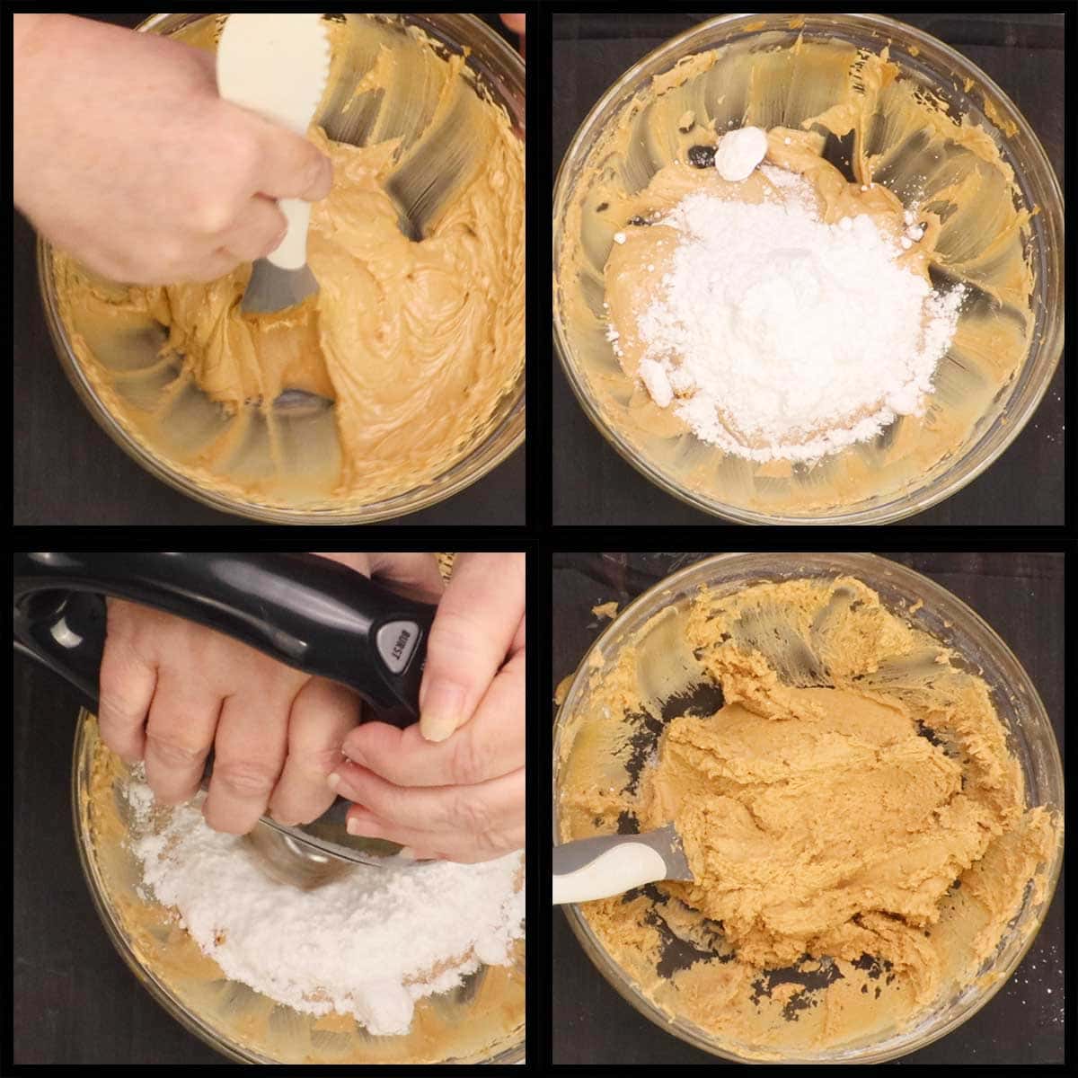 adding the powdered sugar to the peanut butter mixture and blending with a hand mixer.