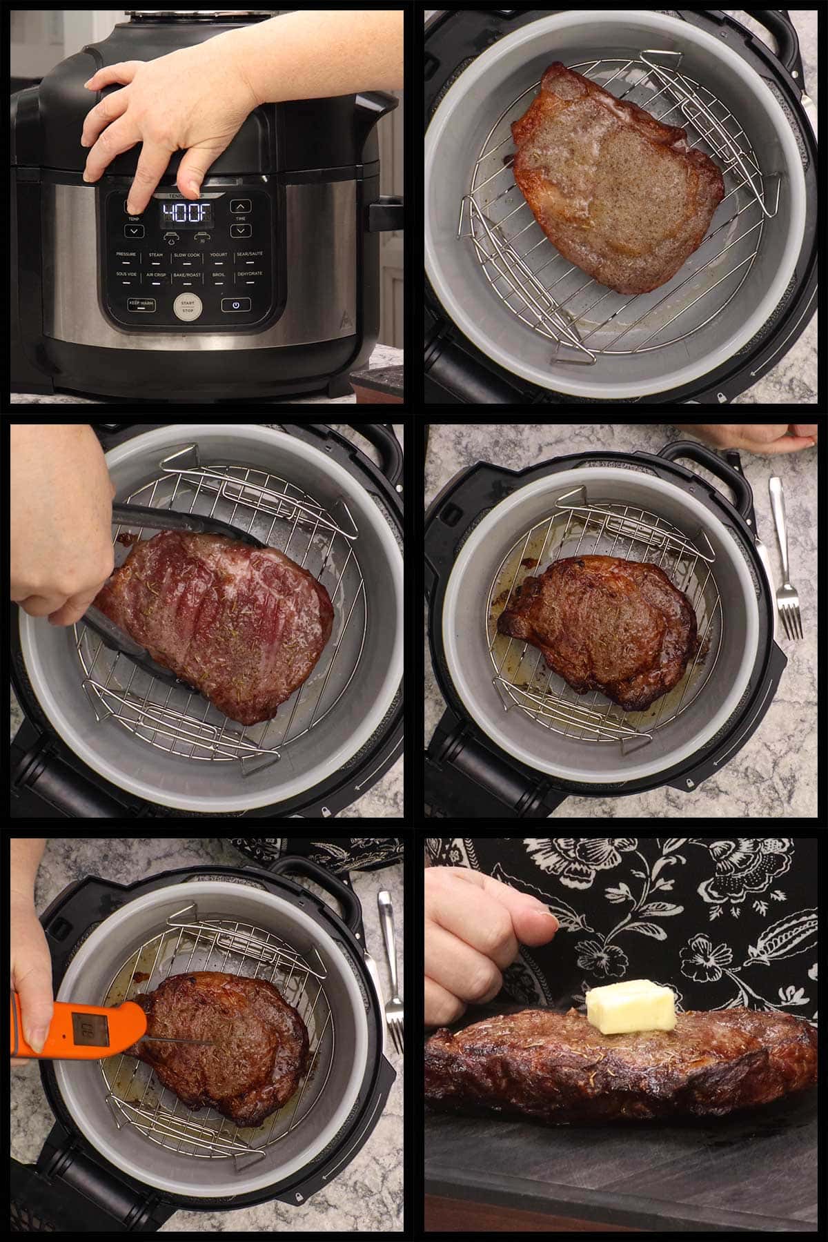 airfrying frozen steak and checking temperature.