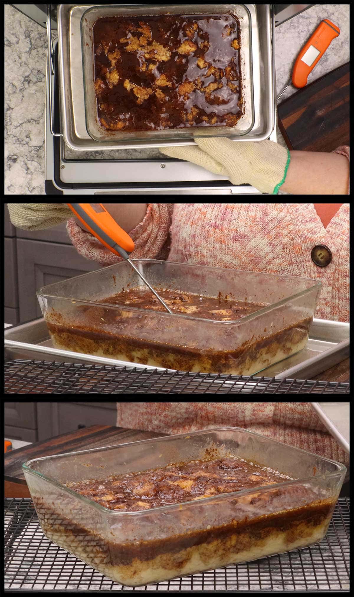 REmoving the baking pan with bread pudding and cooling on a rack