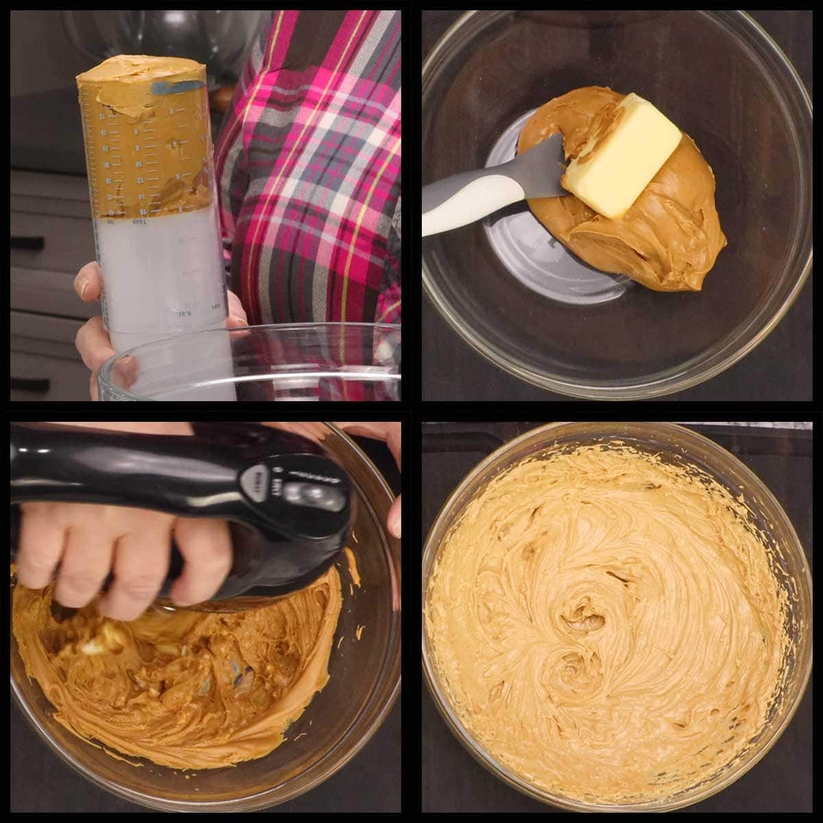 combining butter and peanut butter in a mixing bowl with a hand mixer