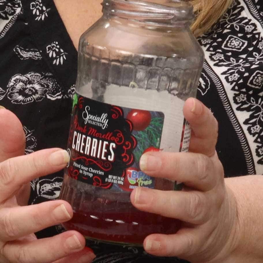 showing the jar of morello cherries.