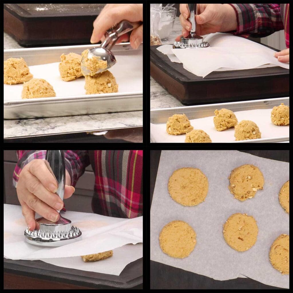 Scooping the peanut butter mixture onto a parchment lined tray and pressing into circles.