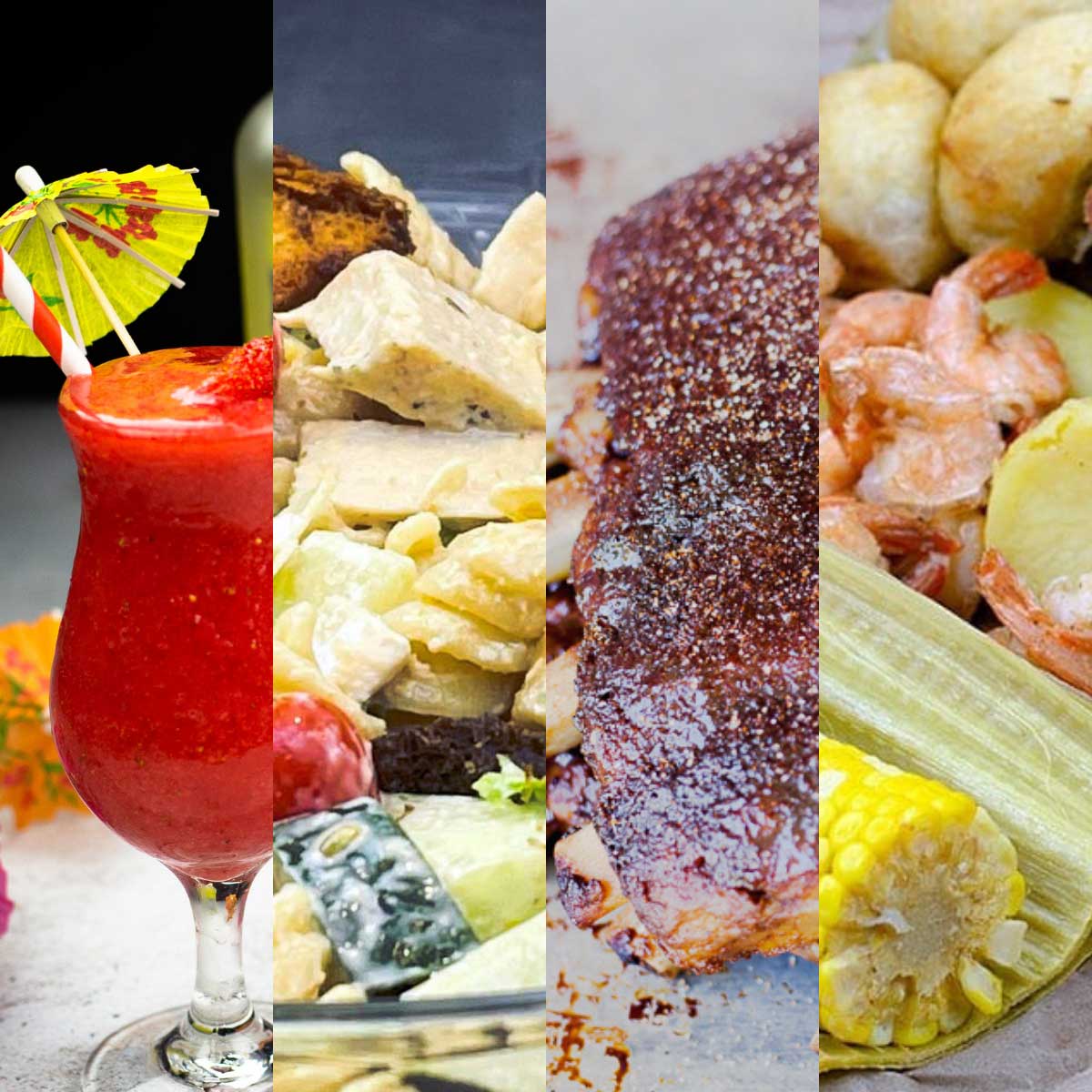 collage of 4 Ninja Foodi Recipe pictures for strawberry daiquiri, Caesar pasta salad, ribs, and shrimp boil