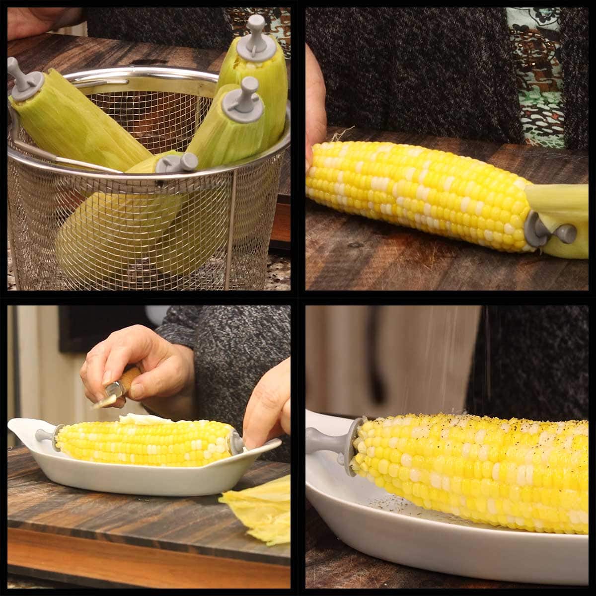adding butter, salt, pepper to the corn once the husks are removed.