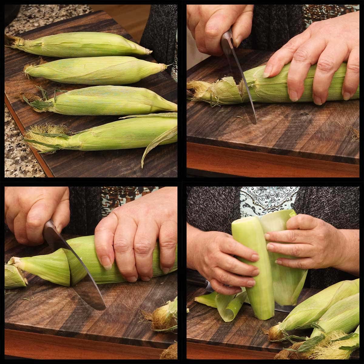 preparing the corn by cutting off the ends and removing 2-3 layers of the husk before pressure cooking.
