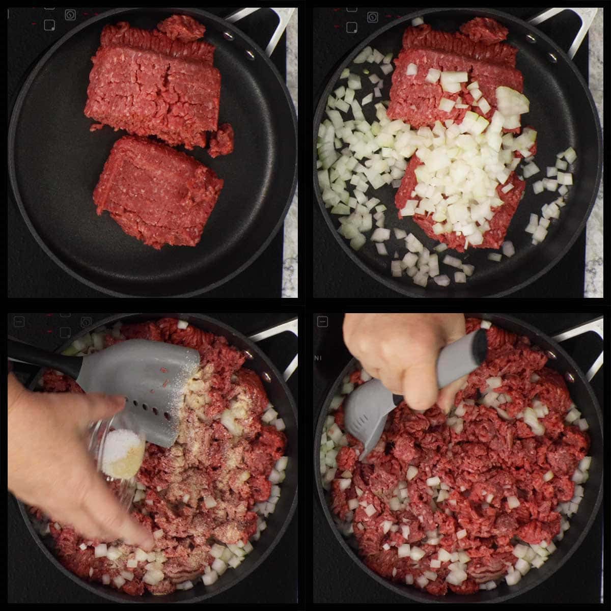 sauteing ground beef with onions and seasonings.
