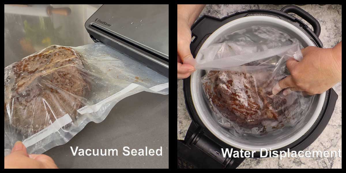 showing vacuum seal and water displacement methods for sous vide.