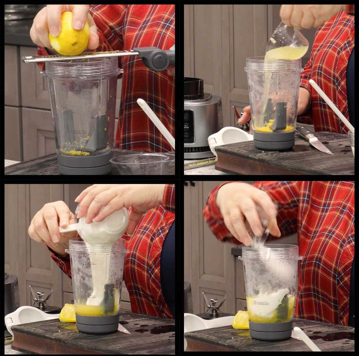 adding ingredients to blender cup for dressing.
