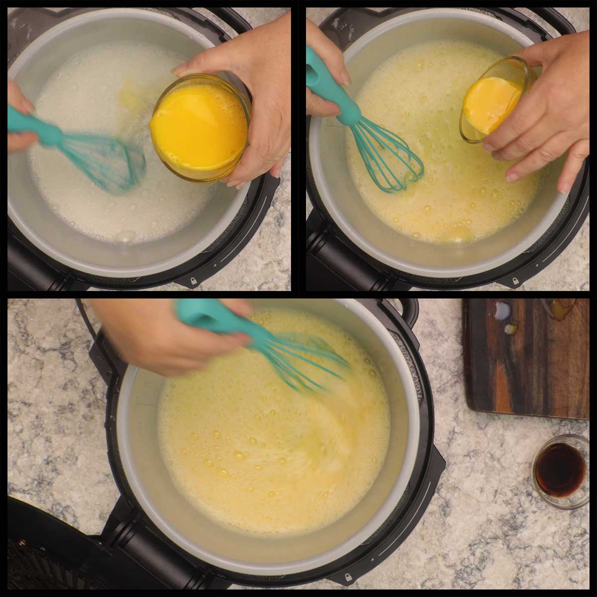 adding tempered eggs into milk mixture.
