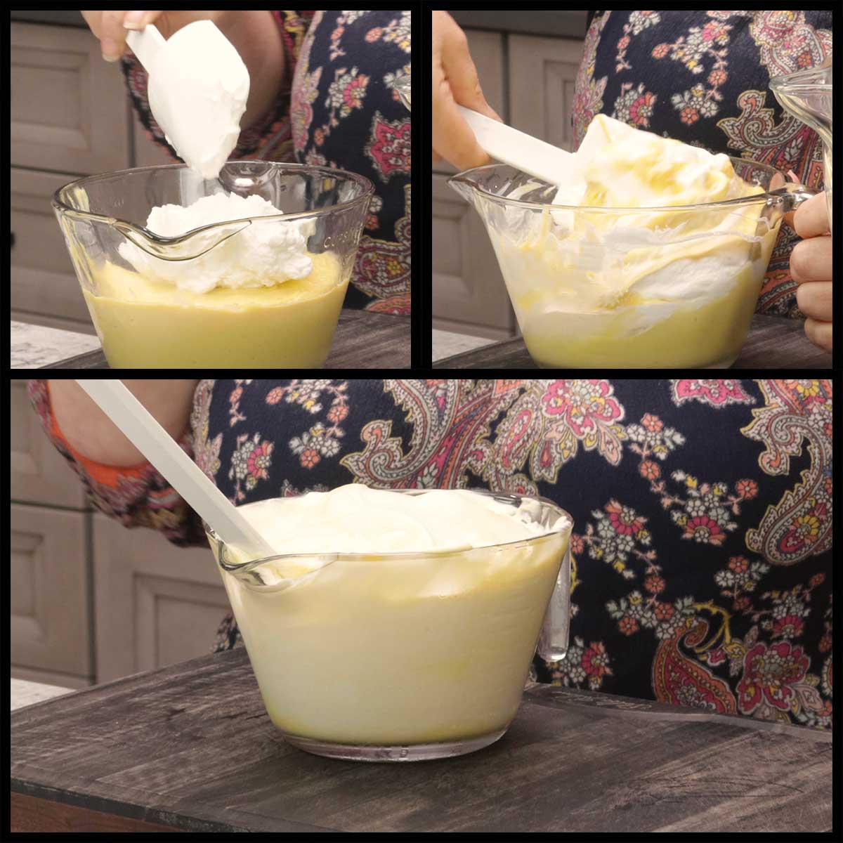 folding the whipped cream into the custard.