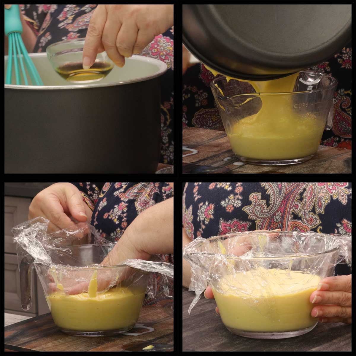 adding vanilla and covering the custard before chilling.