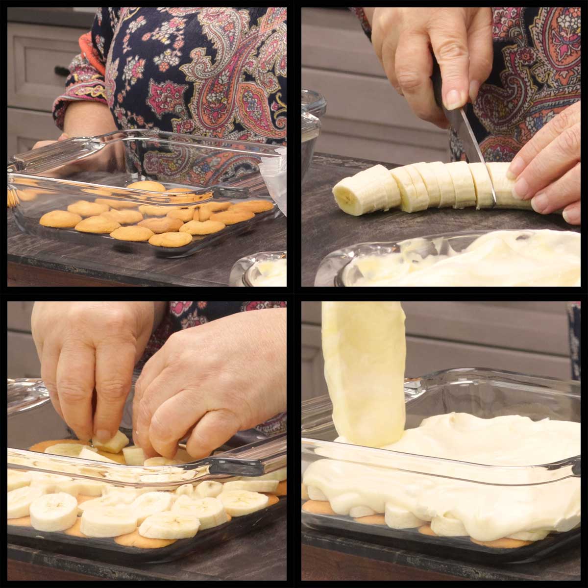 layering cookies, banana slices, and pudding into dish.