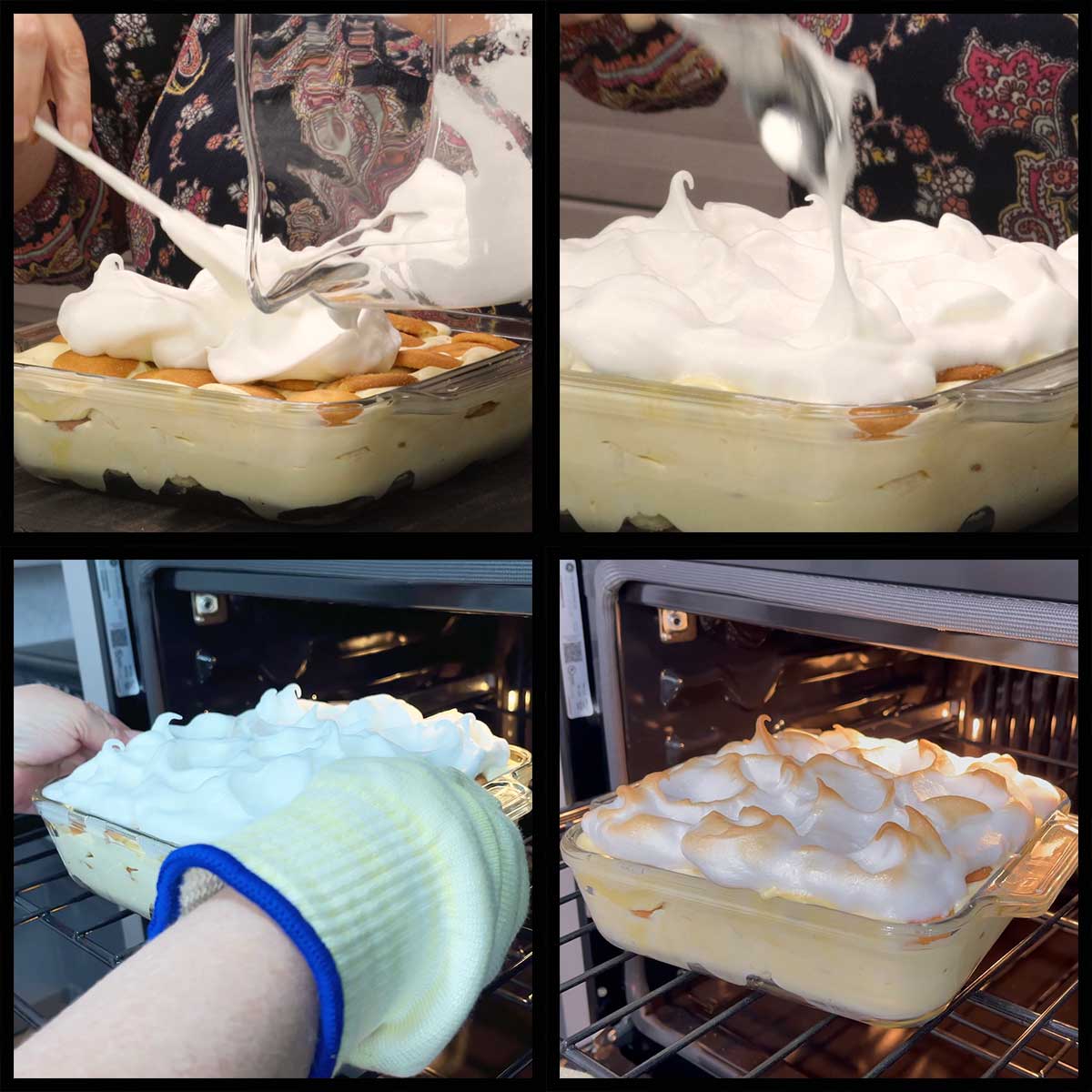 putting the meringue topping on the banana pudding and baking it.
