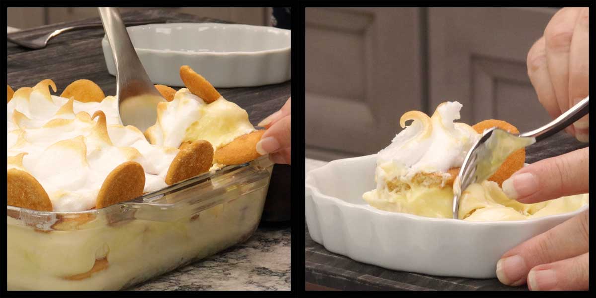 scooping and serving banana pudding with meringue.