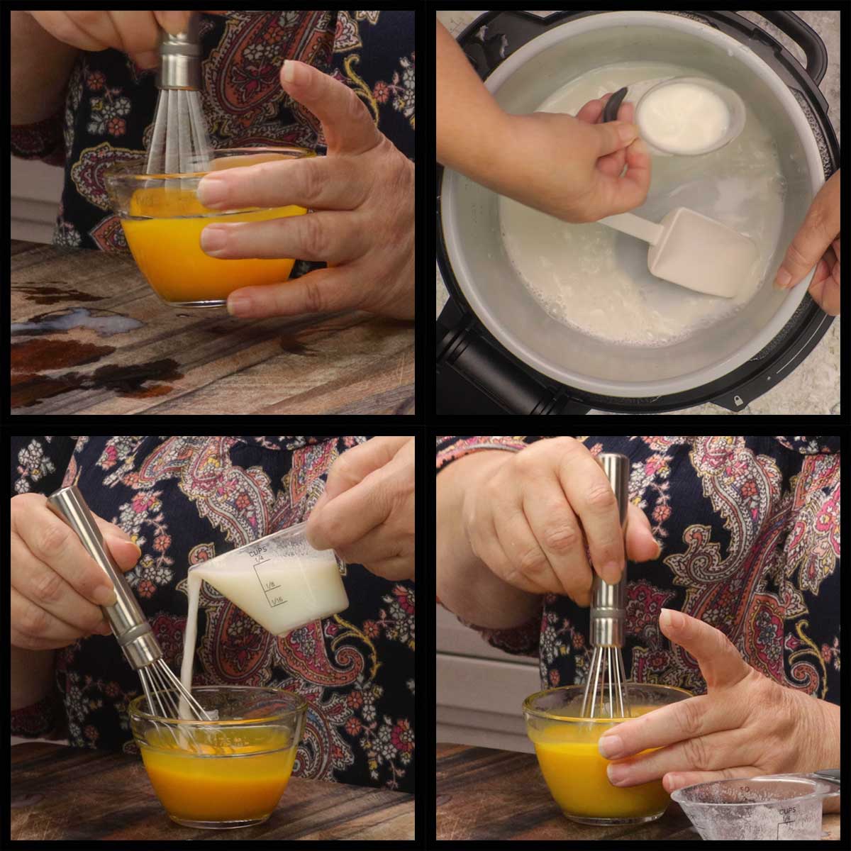 Tempering egg yolks with hot milk.