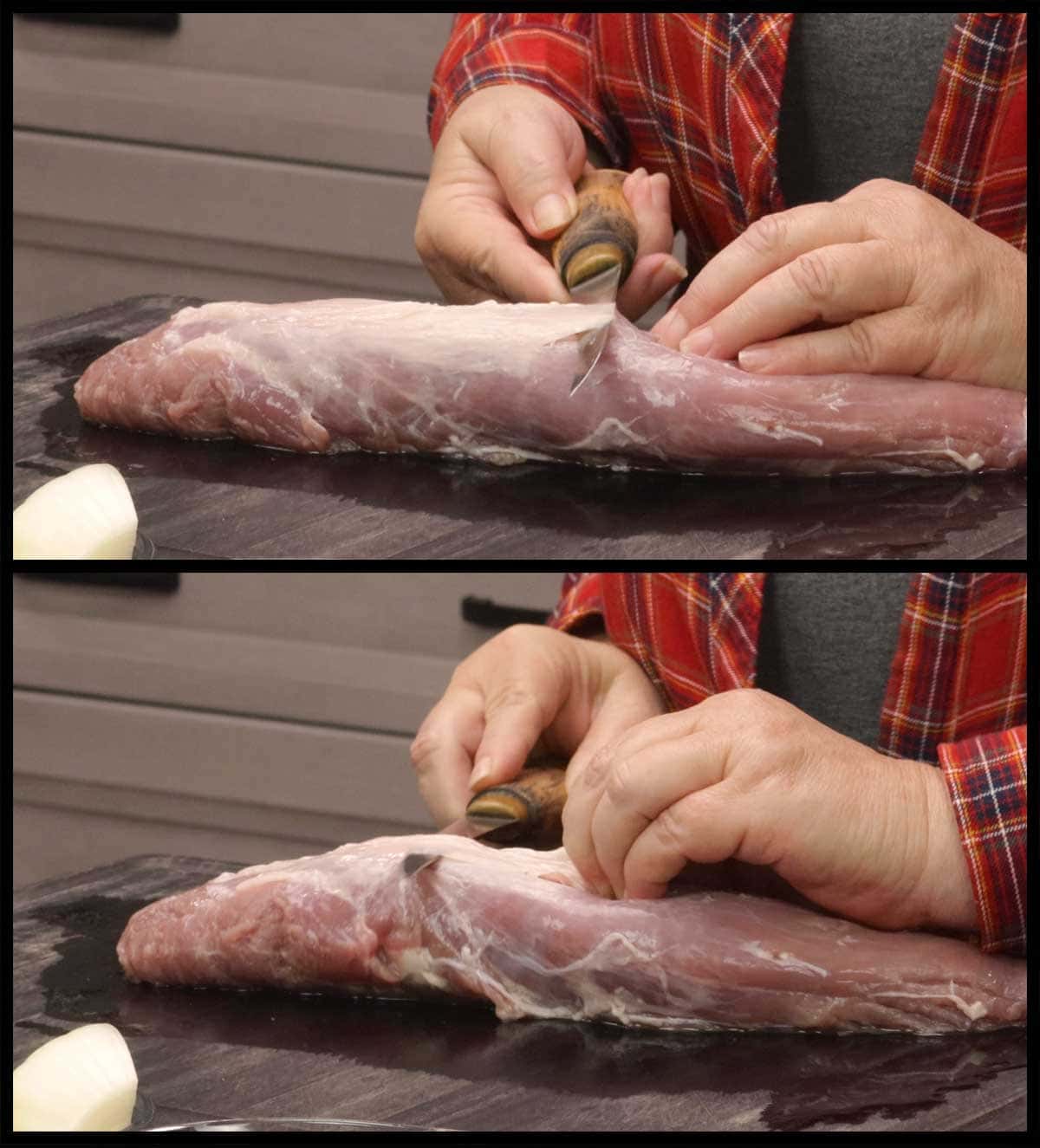 trimming silverskin from pork tenderloin.
