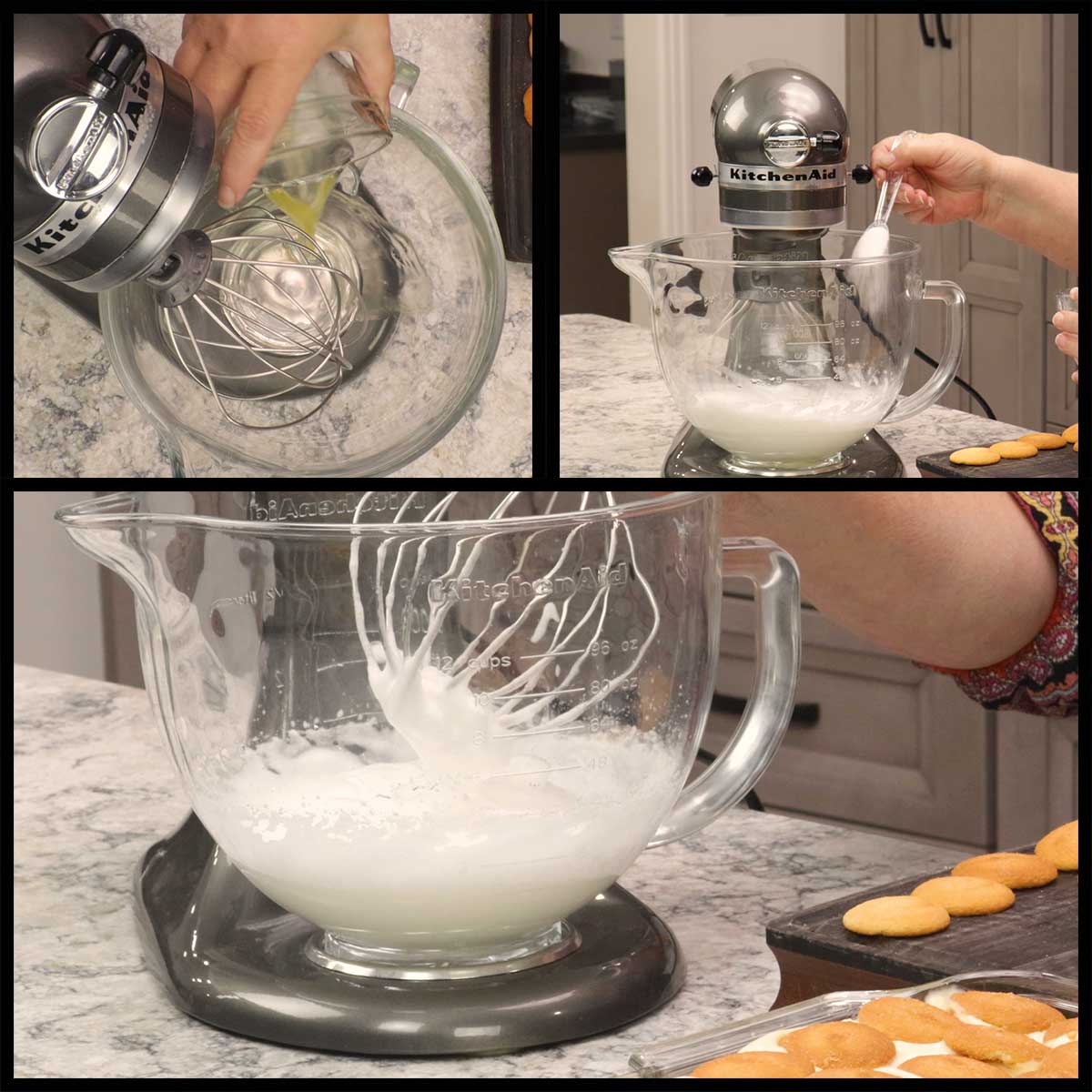 whipping the egg whites to make meringue.