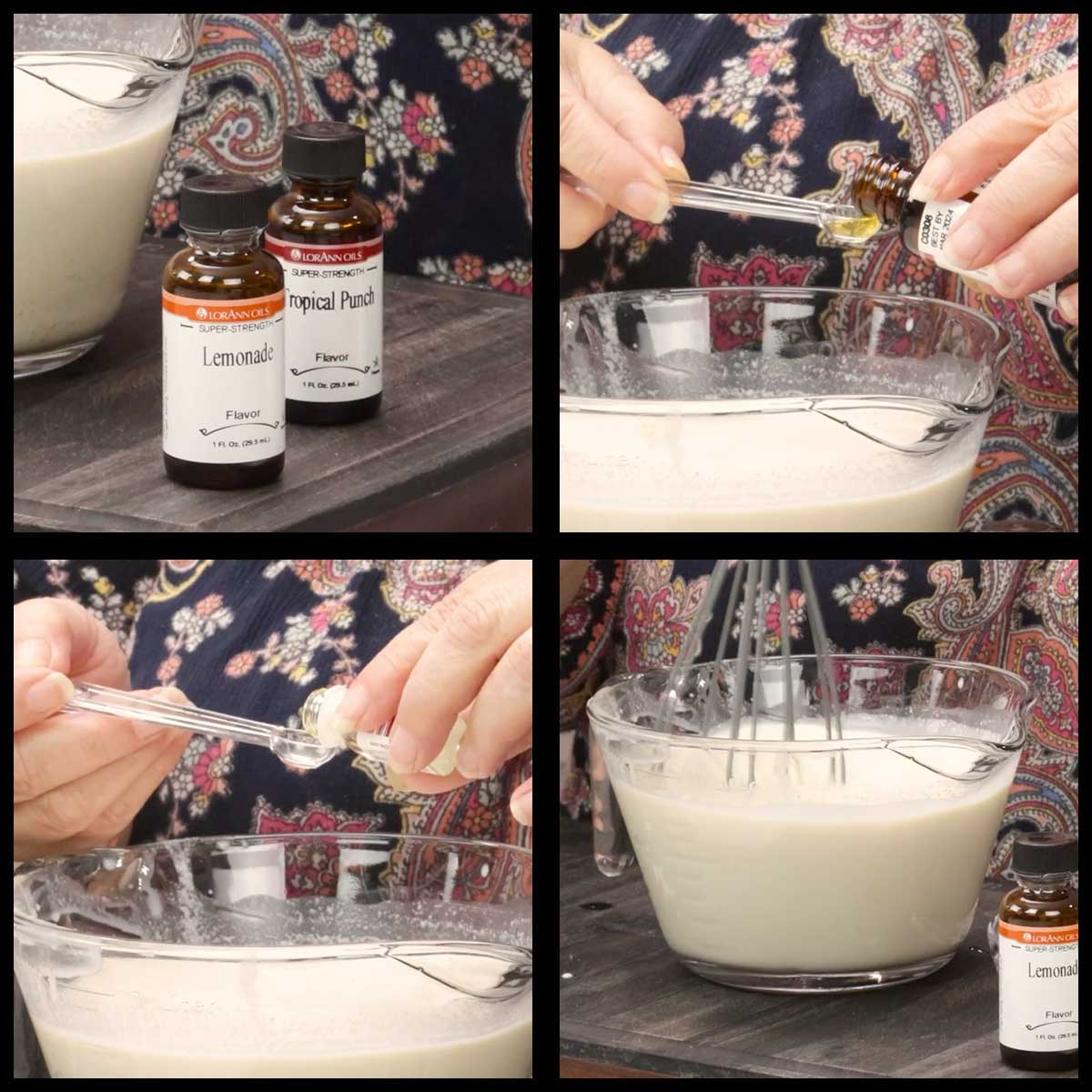 adding in the flavorings and stirring the milk and cream base.