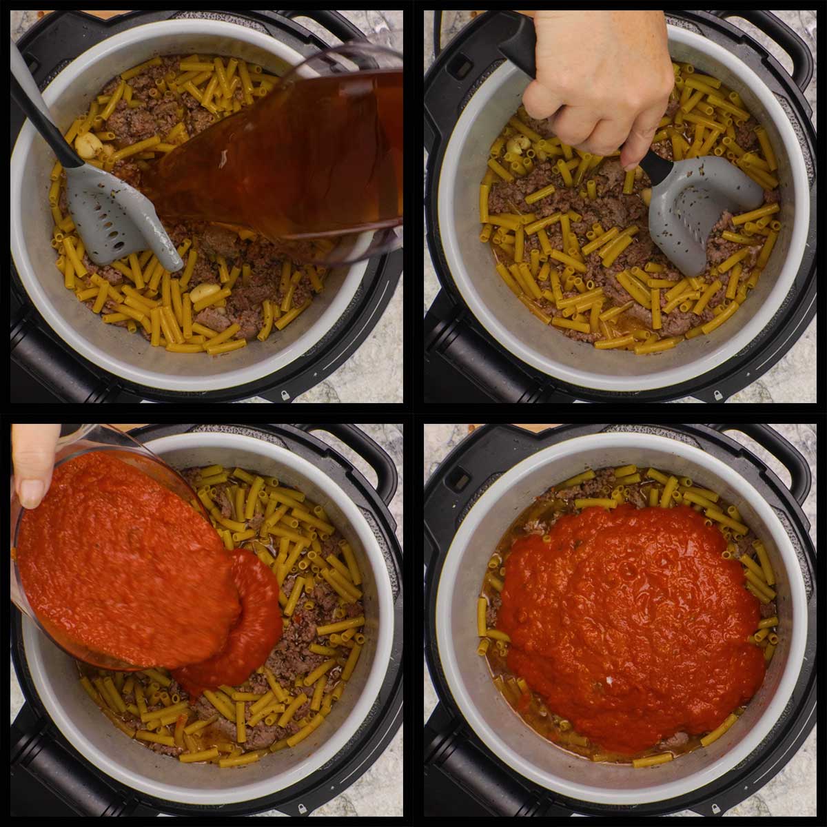 Pouring in liquid and pressing the pasta down, then pouring the marinara sauce on top.