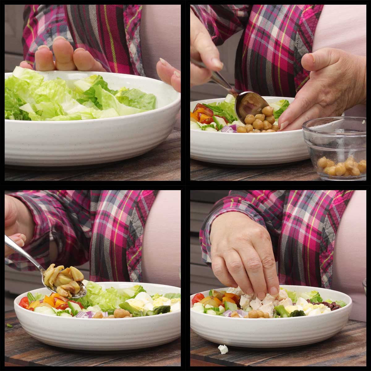 assembling the chopped salad in a bowl.