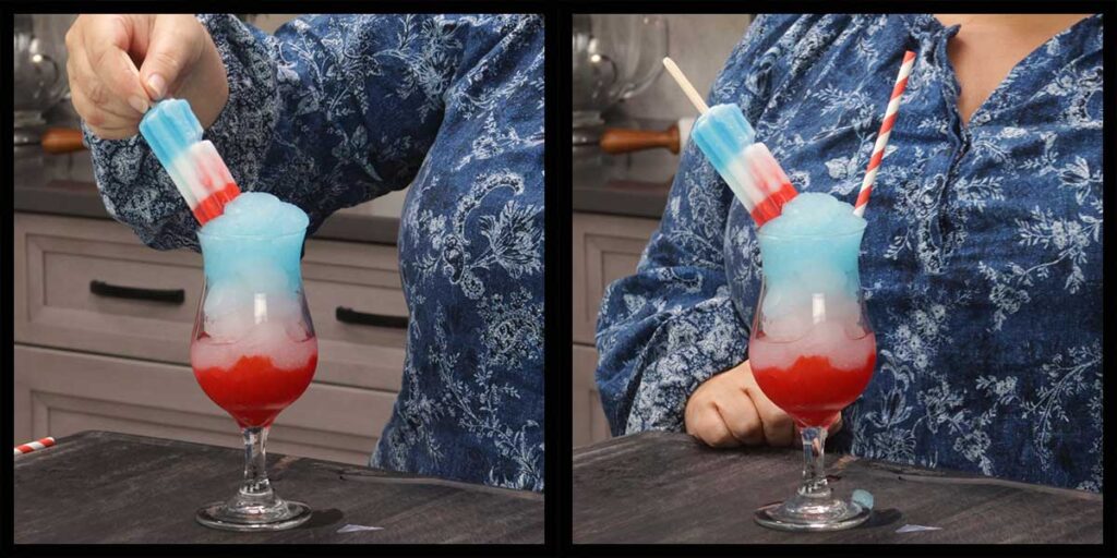 placing the popsicle into the layered bomb pop drink. 