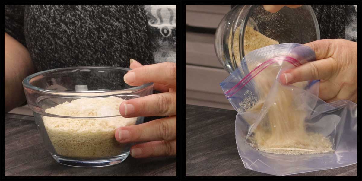 mixing dry bread crumbs into a baggie.