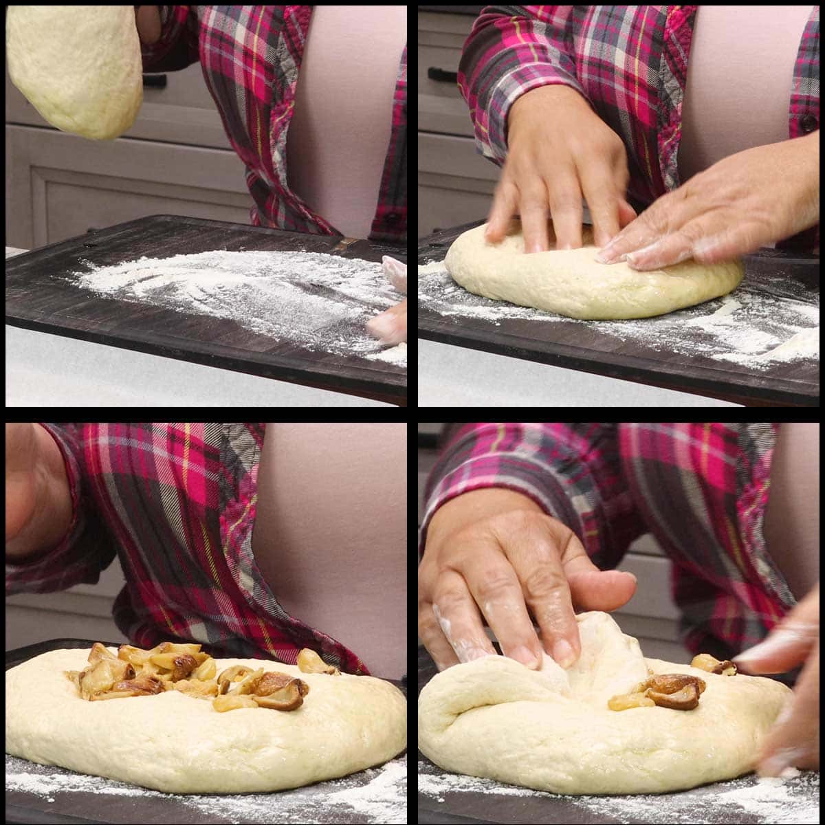flouring surface and placing garlic cloves on top of dough.