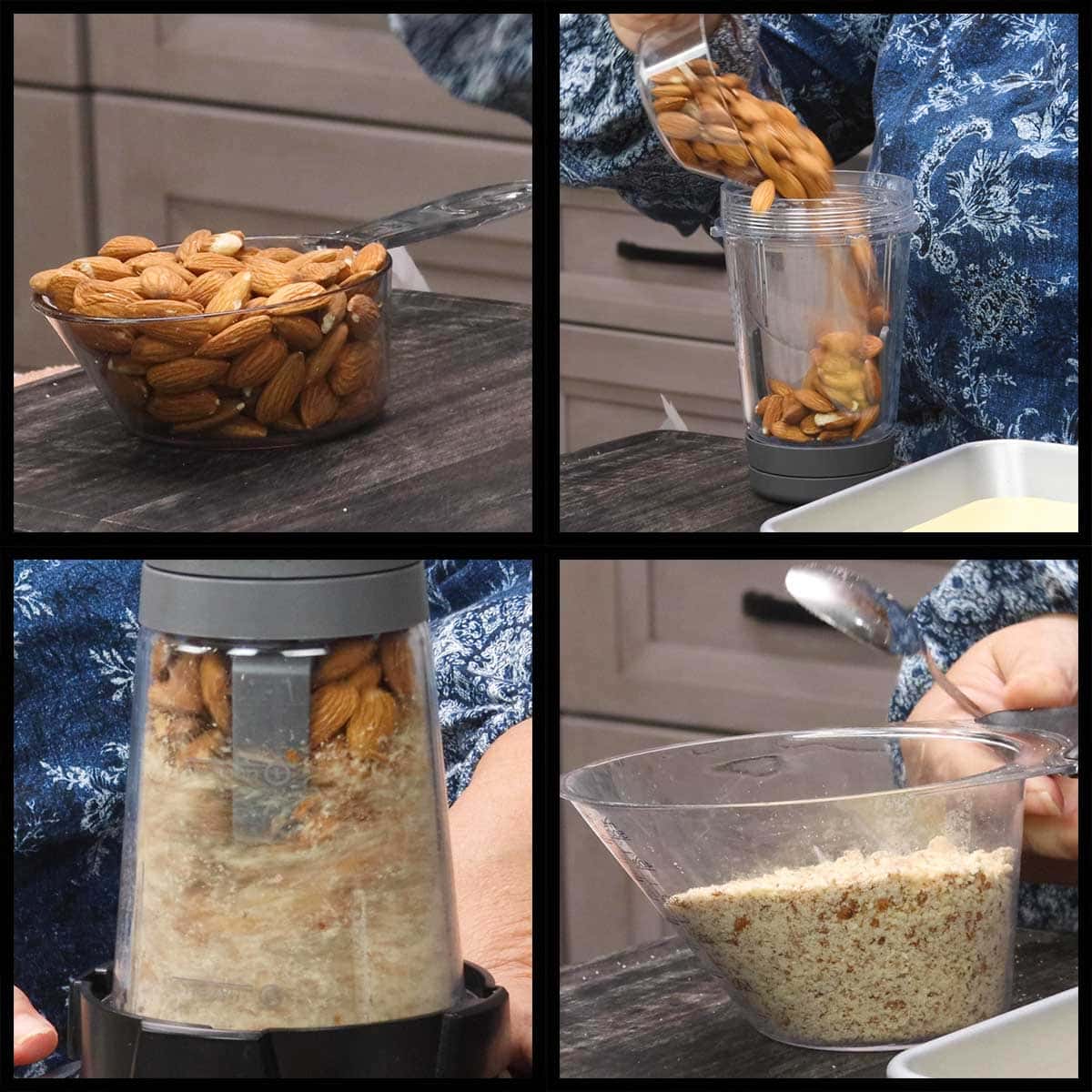 using blender cup to process almonds for chicken coating.