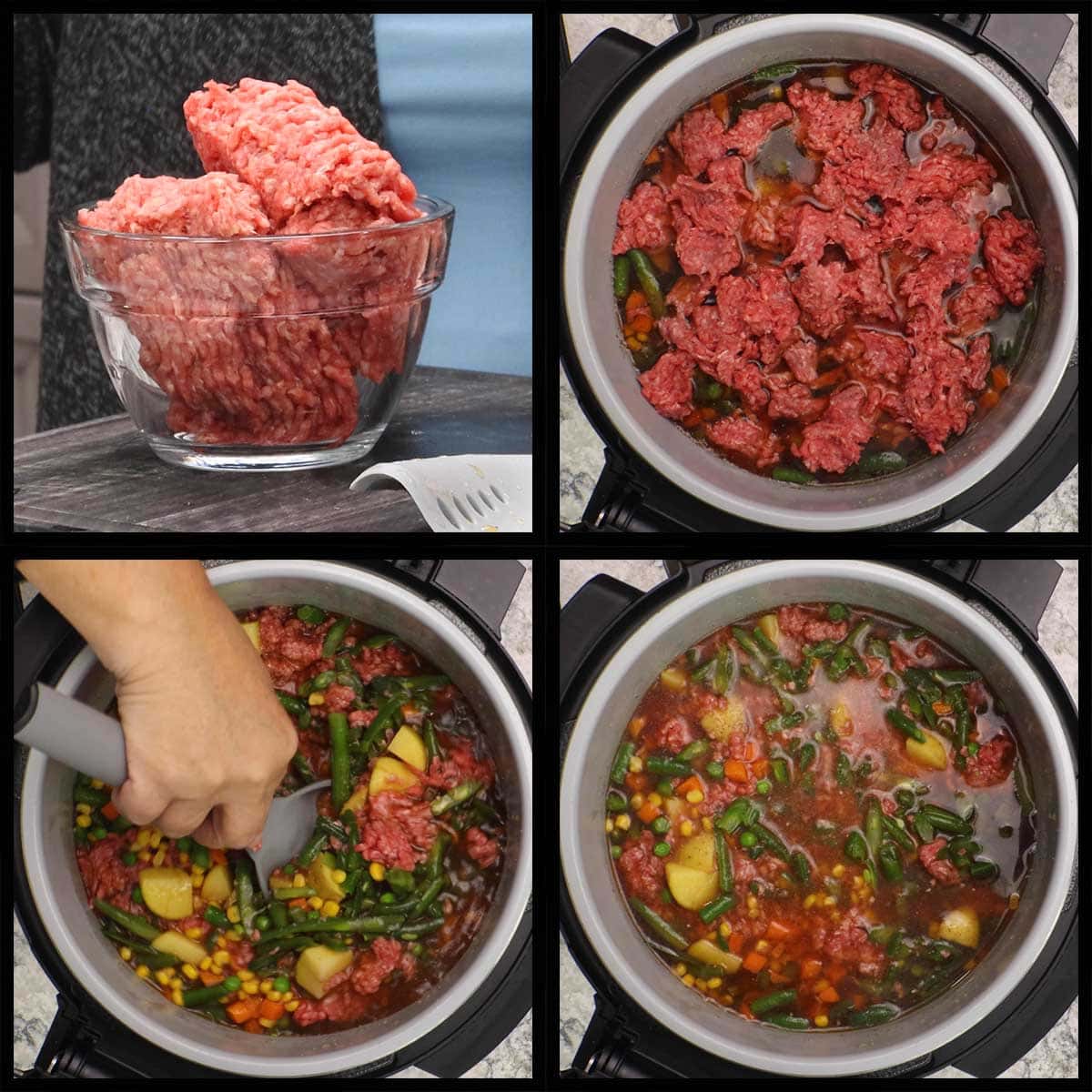 adding ground beef to soup.