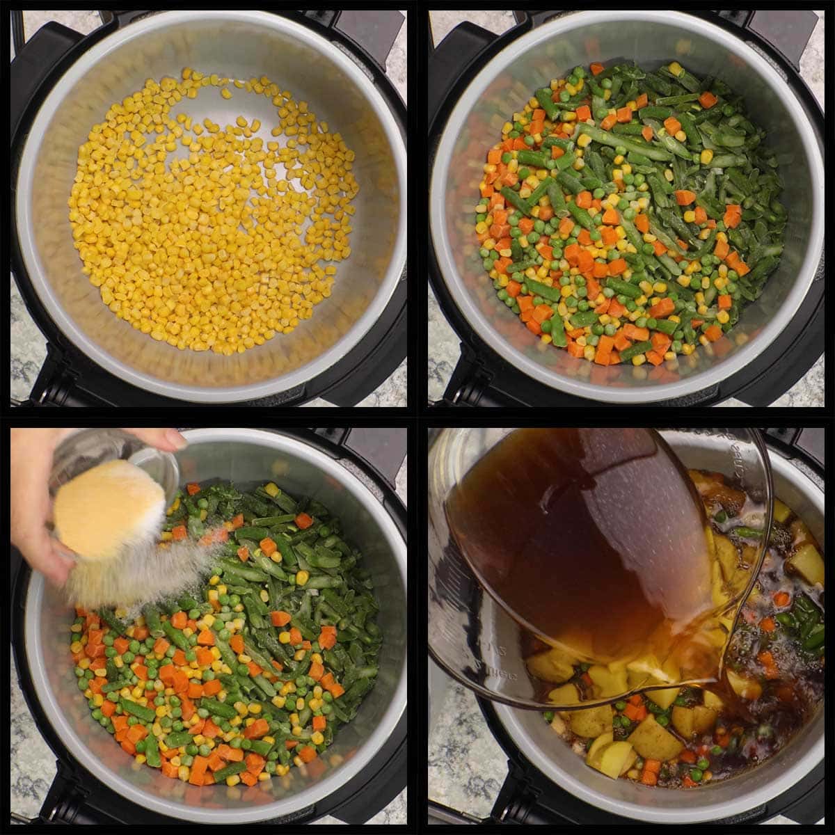 adding vegetables and seasonings to inner pot to make the soup.
