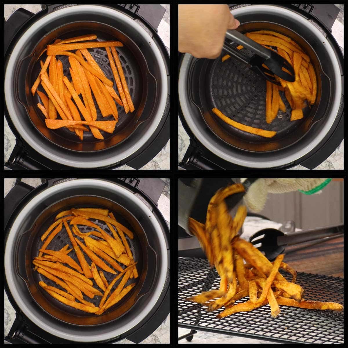 adding the first batch of air fryer sweet potatoes to the basket to air fry