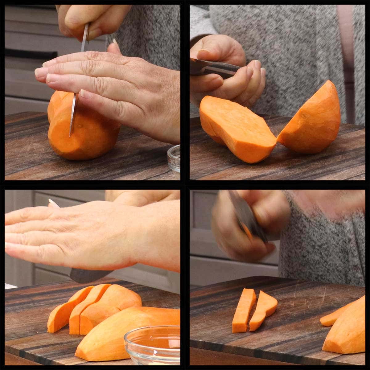 cutting the sweet potato.