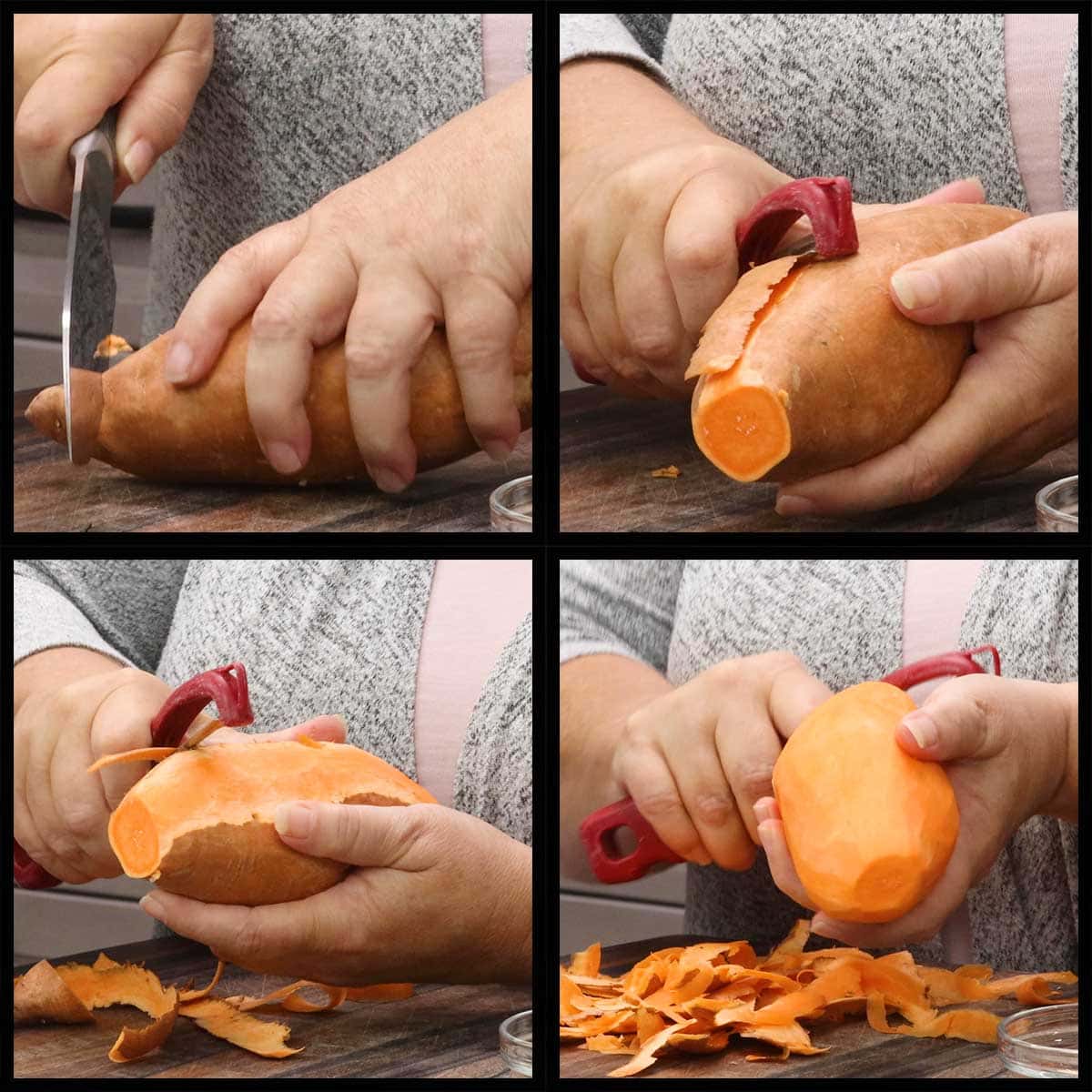 peeling the sweet potato.