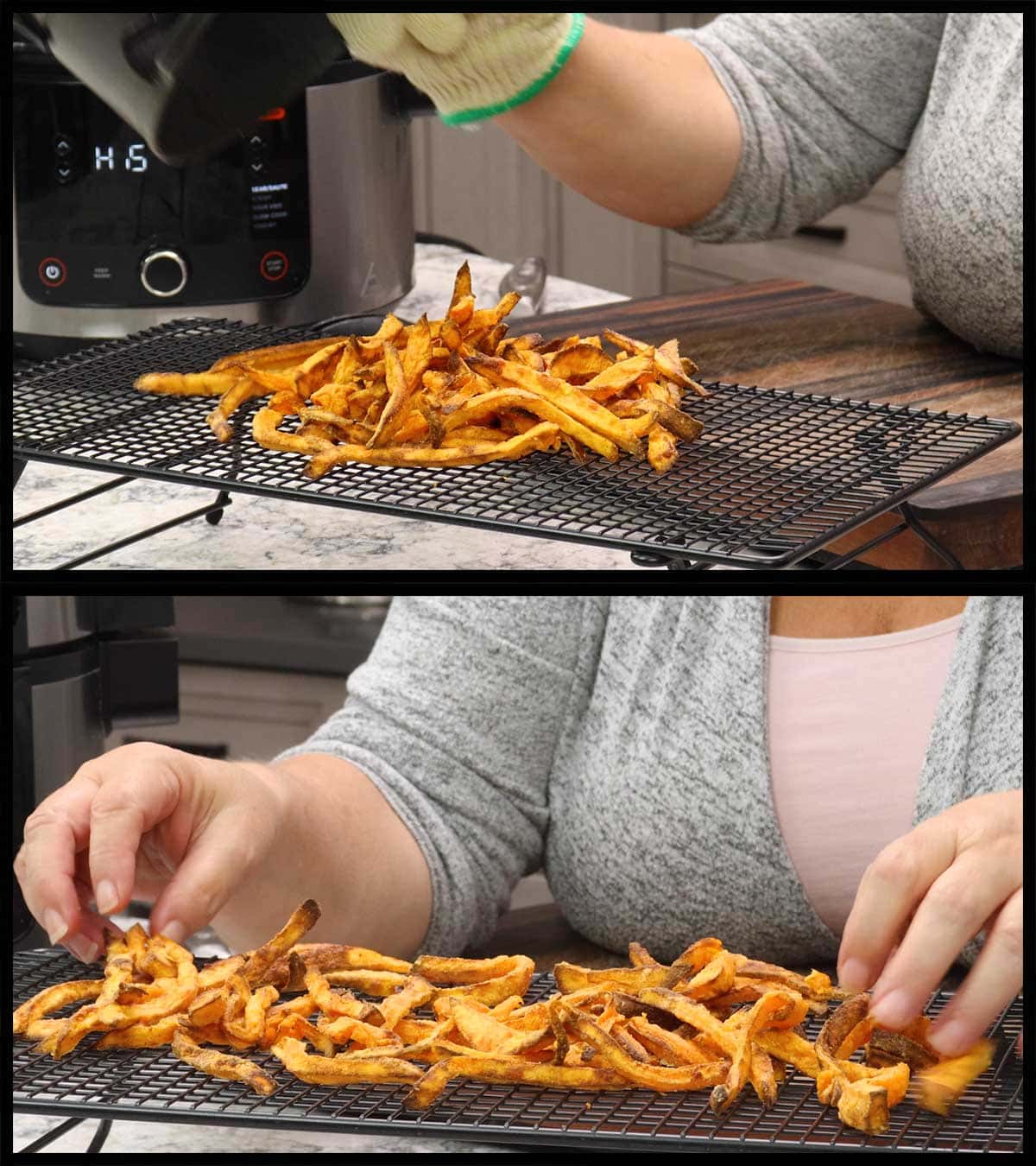 putting the air fryer sweet potato fries on a cooling rack.