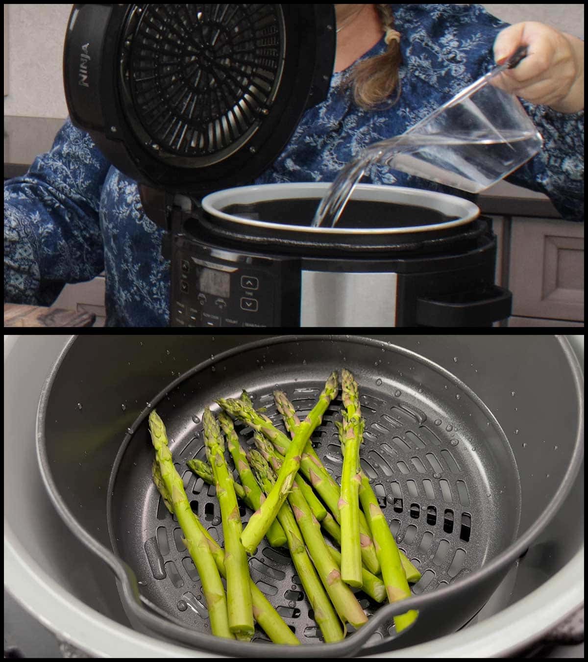 asparagus in basket and water going in to the inner pot for steaming.