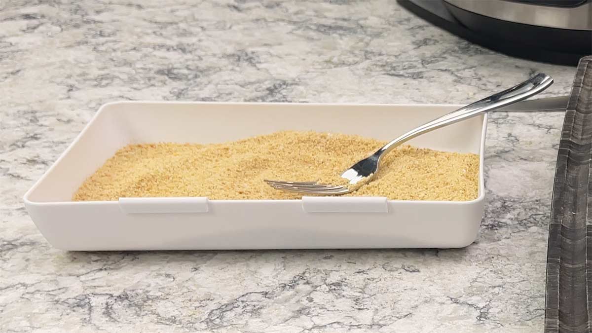 breadcrumbs and salt in a shallow breading tray. 