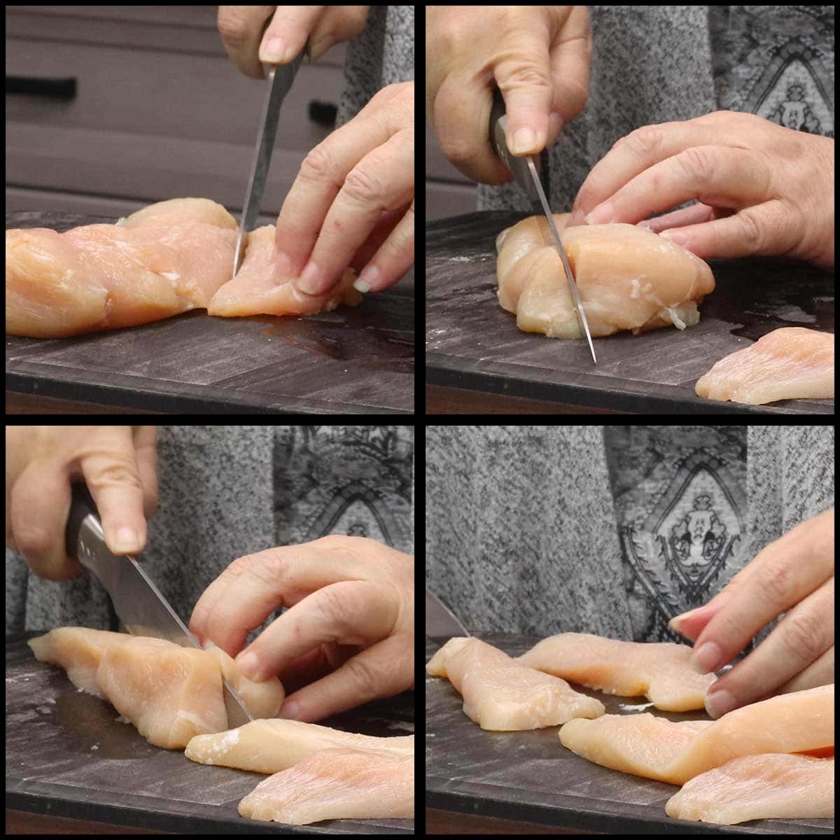 cutting chicken breast into strips.