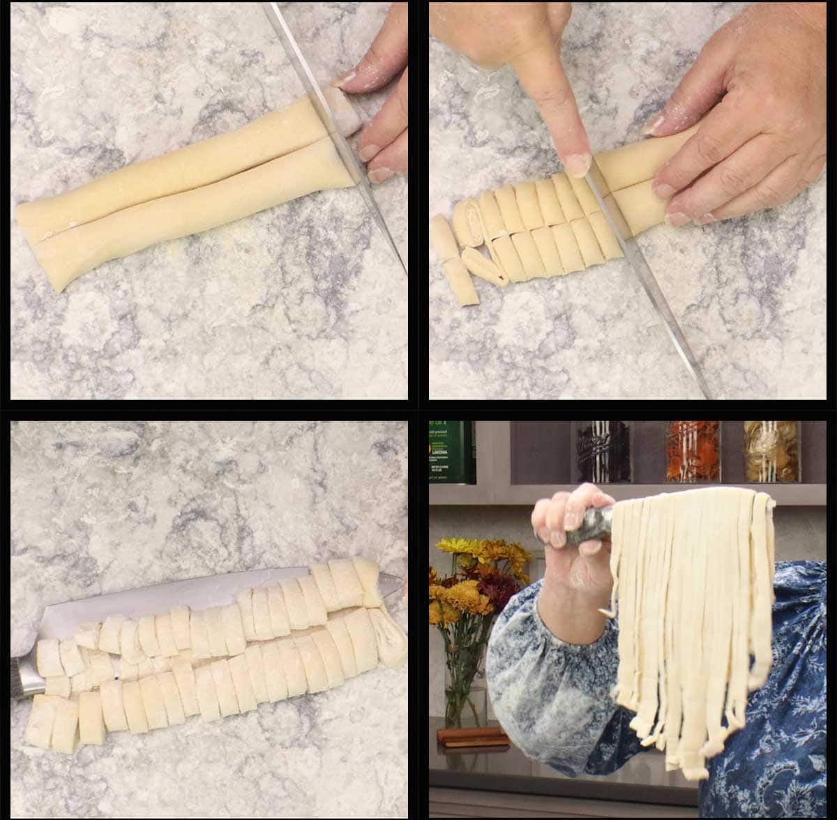 cutting the noodles and unrolling them on a knife. 