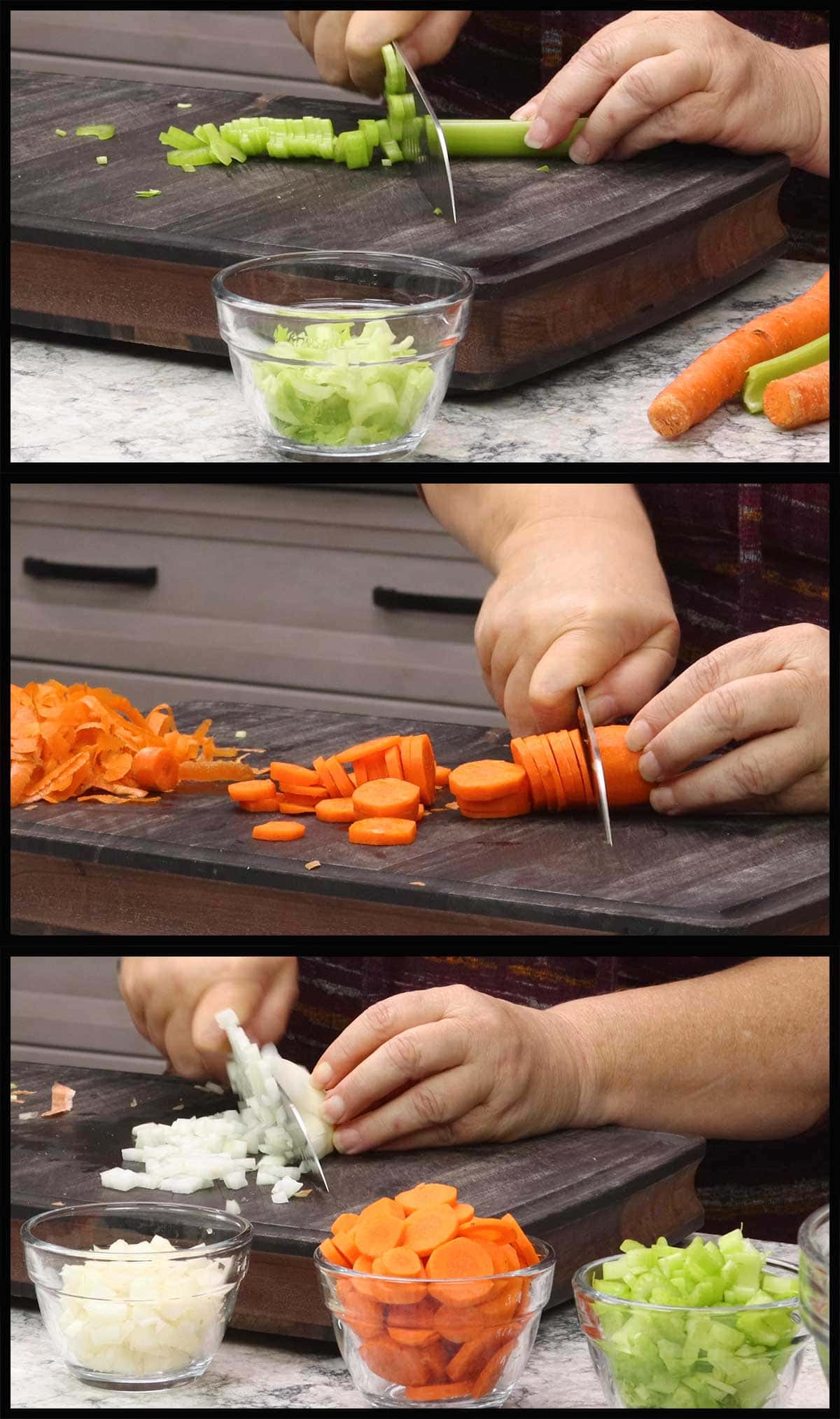 Preparing the vegetables for chicken and noodles.