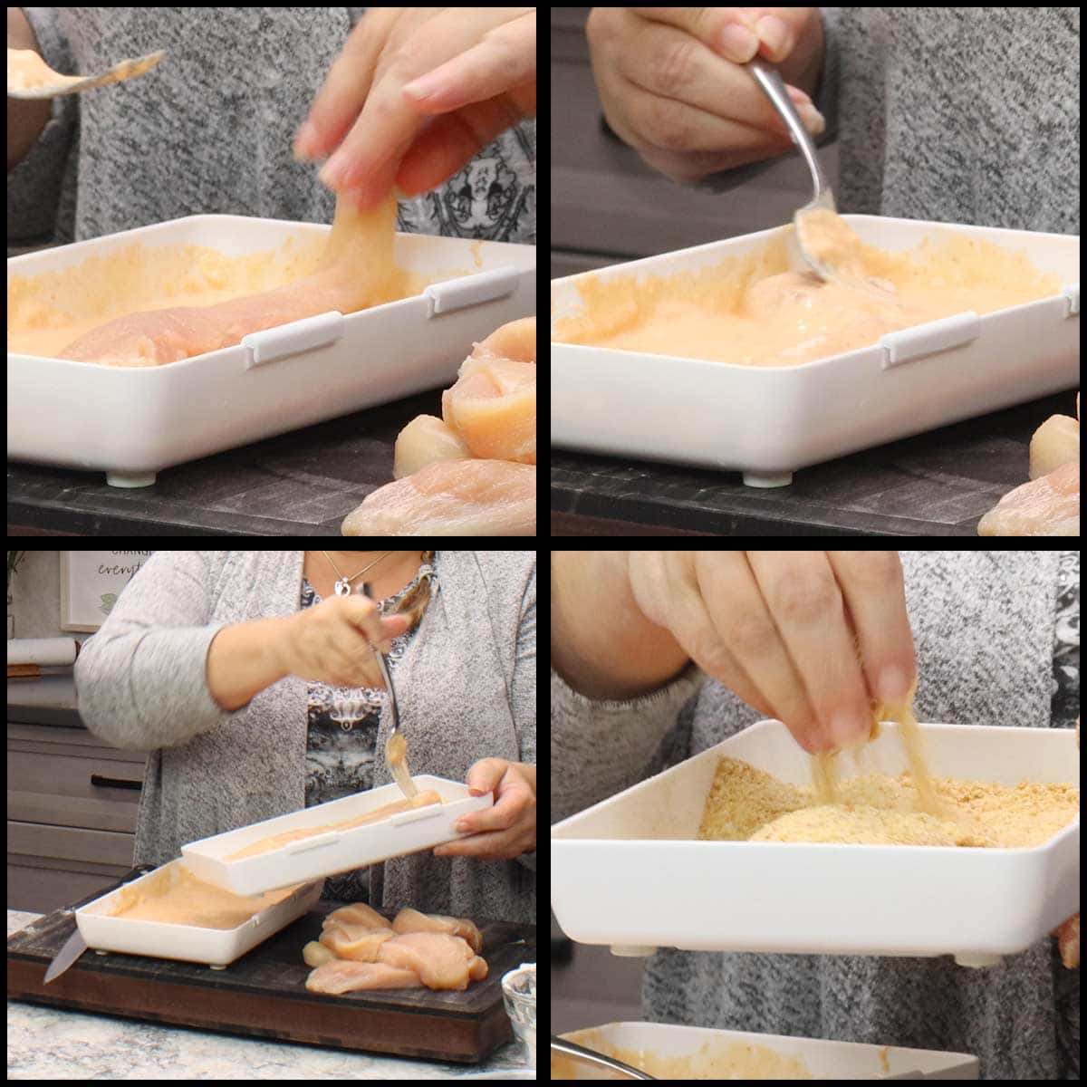 dipping chicken strips into wet batter and then into the breading. 