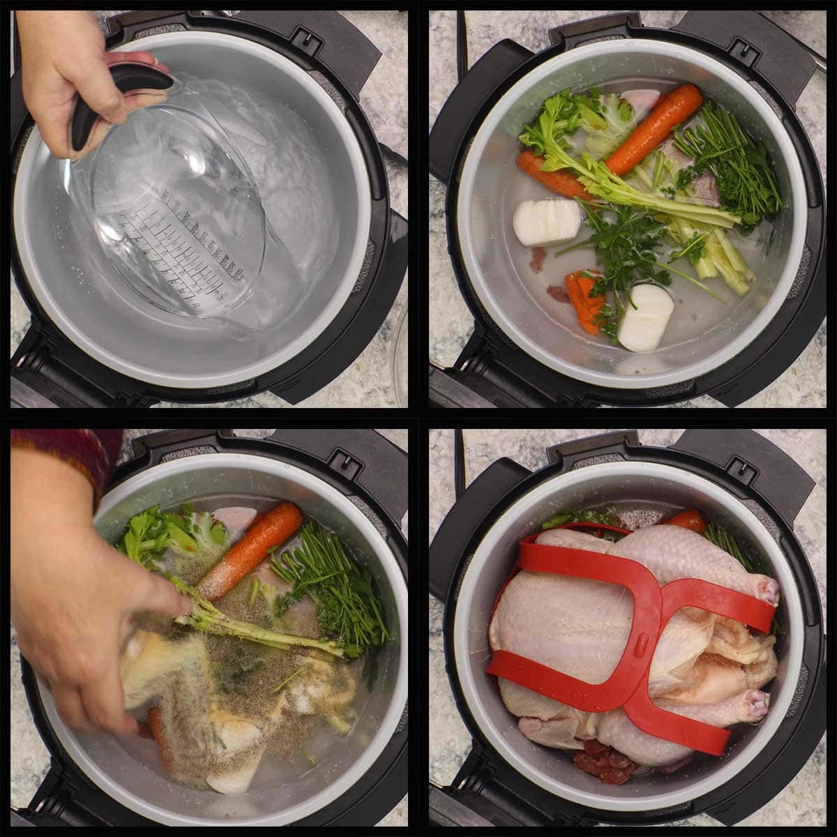 adding ingredients to pressure cook the whole chicken.