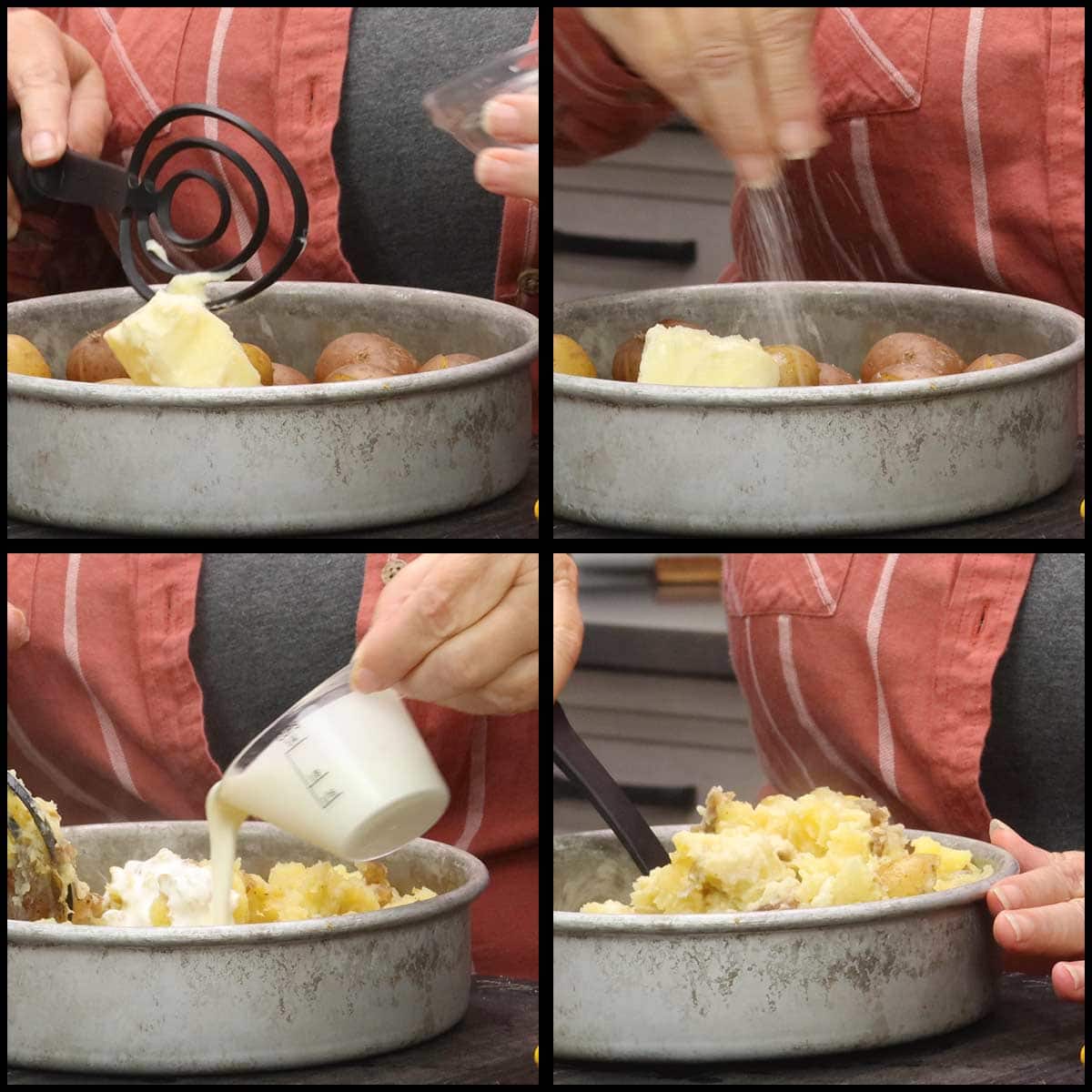 mashing the potatoes with butter, cream and salt. 