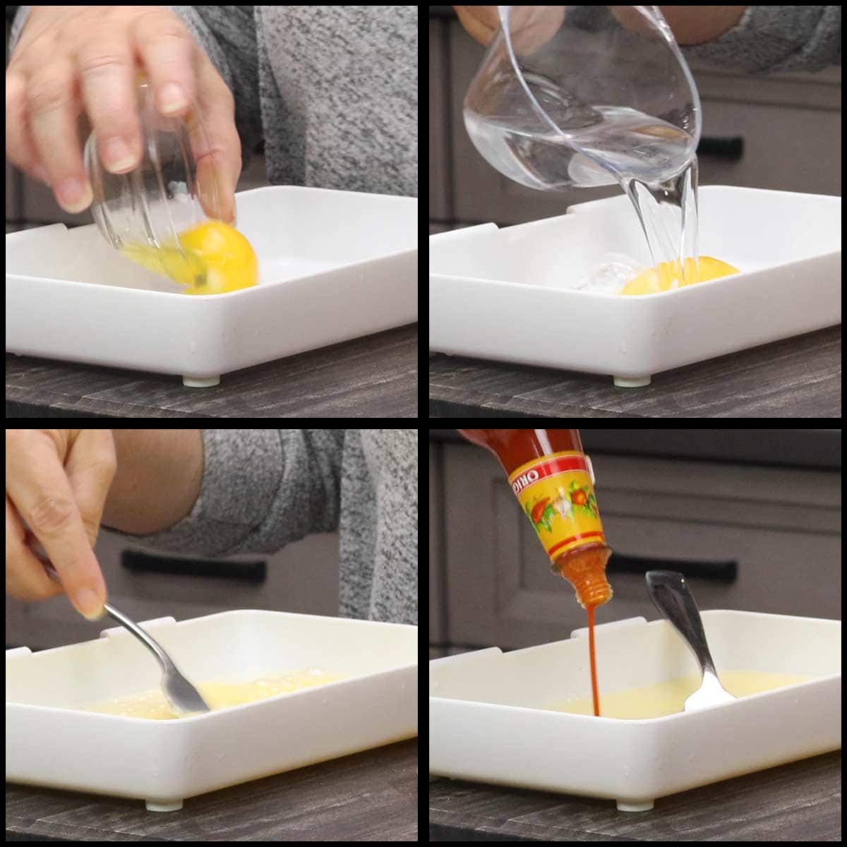 mixing egg, water, hot sauce in shallow tray for wet mixture.