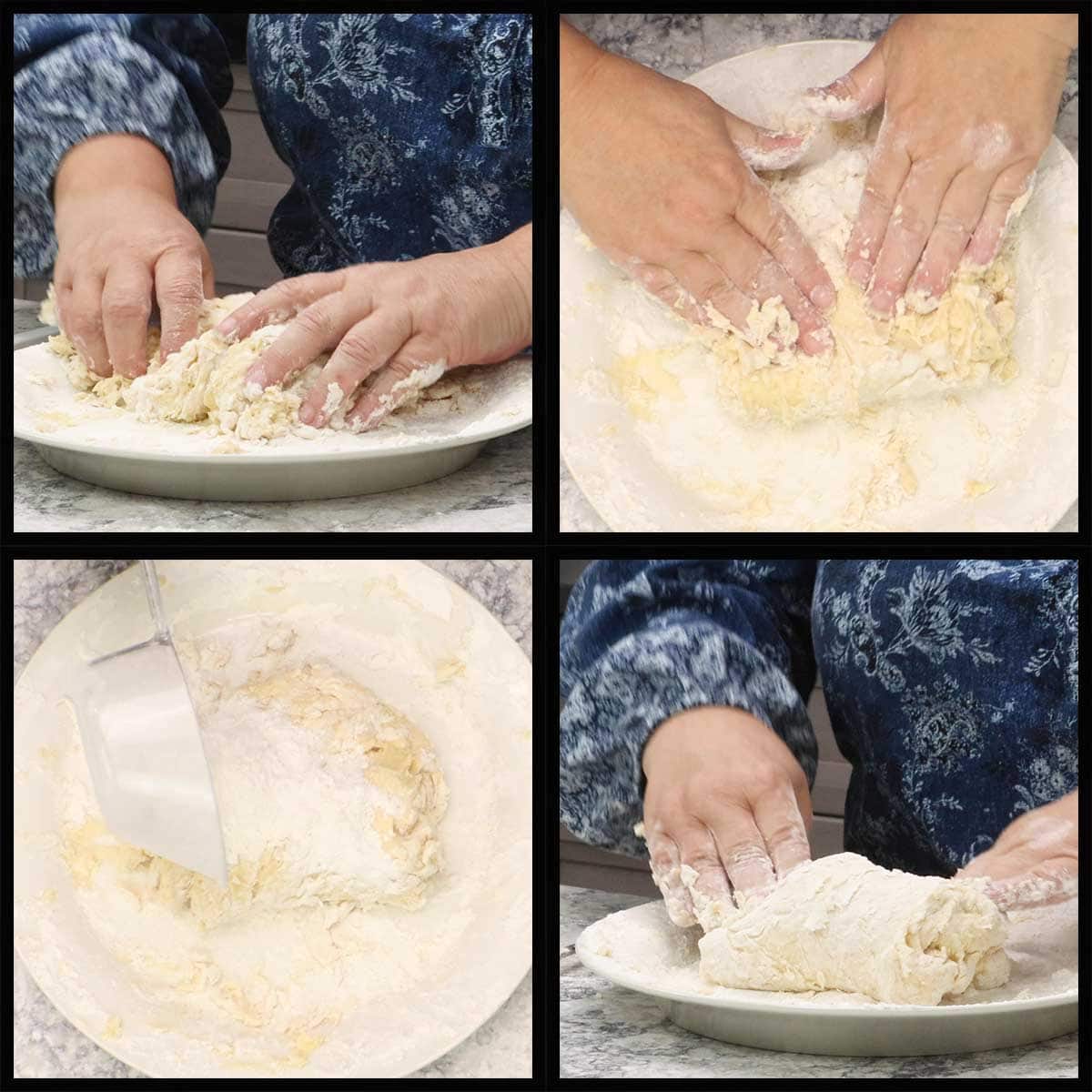 working dough with hands and adding more flour.
