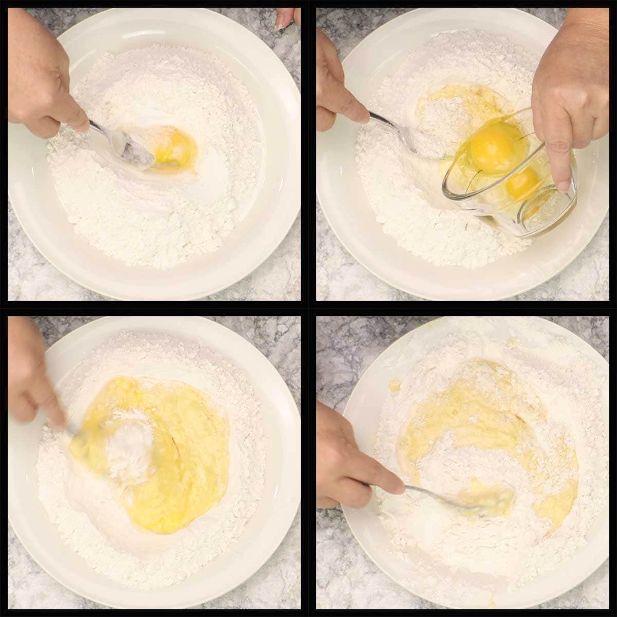 mixing the flour with the eggs, salt, water.